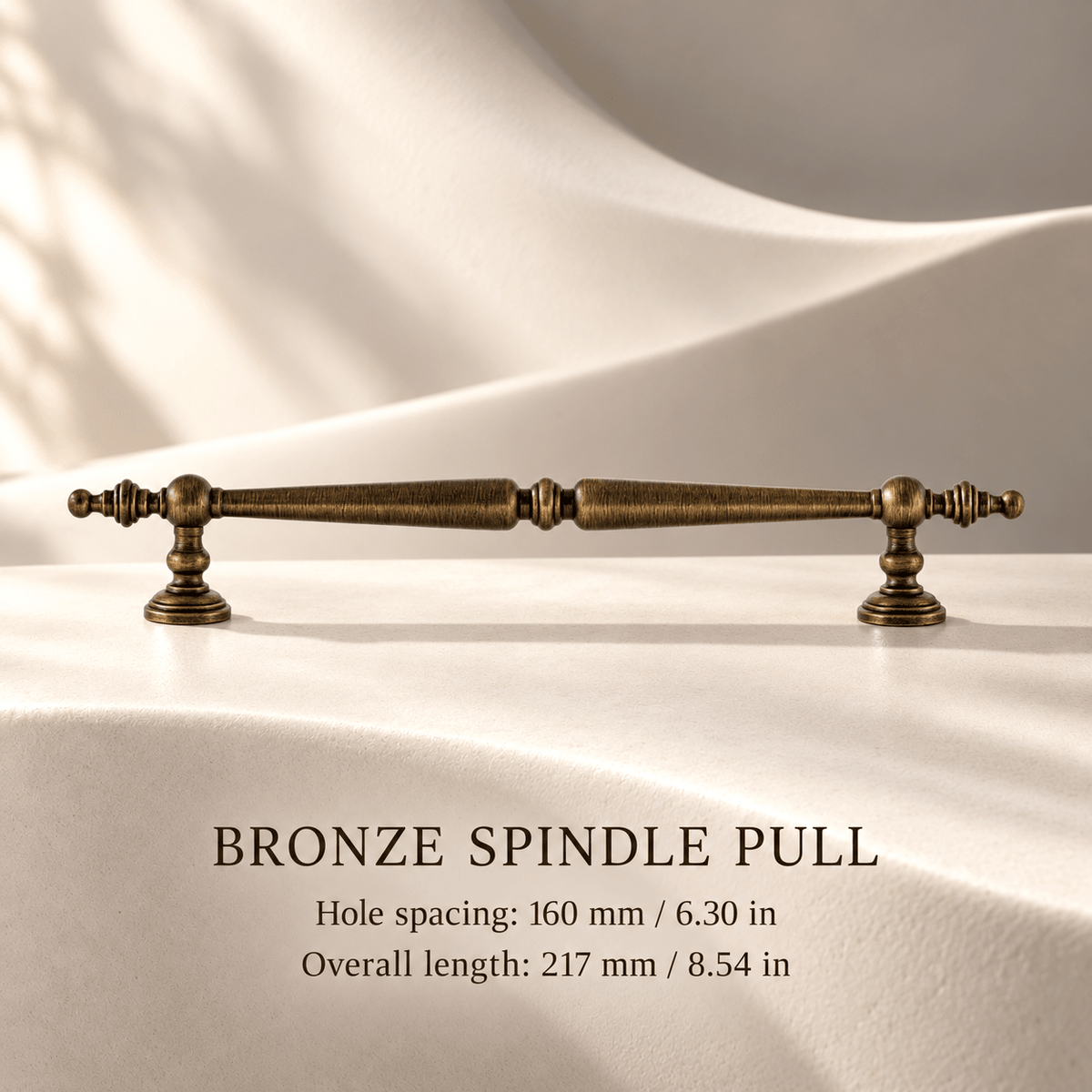 Bronze ornate spindle cabinet pull, 160 mm CTC — individual measurements in millimeters and inches