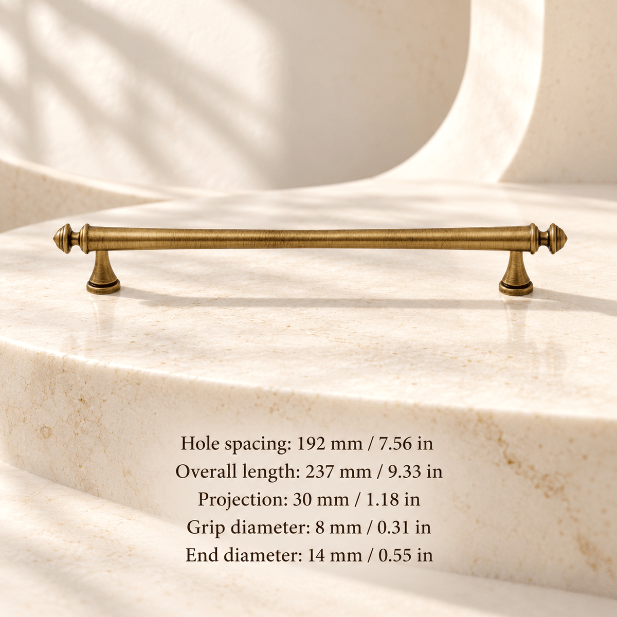 Antique bronze pointed finial 192 mm / 7.56 in CTC; Hole spacing: 192 mm / 7.56 in; Overall length: 237 mm / 9.33 in; Projection: 30 mm / 1.18 in; Grip diameter: 8 mm / 0.31 in; End diameter: 14 mm / 0.55 in on ivory stone studio background
