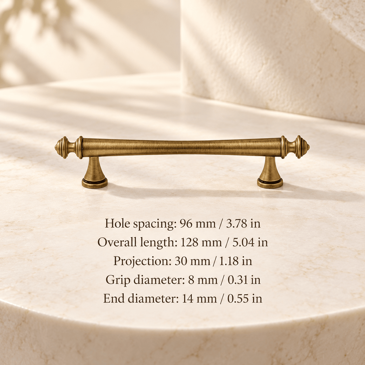 Antique bronze pointed finial 96 mm / 3.78 in CTC; Hole spacing: 96 mm / 3.78 in; Overall length: 128 mm / 5.04 in; Projection: 30 mm / 1.18 in; Grip diameter: 8 mm / 0.31 in; End diameter: 14 mm / 0.55 in on ivory stone studio background