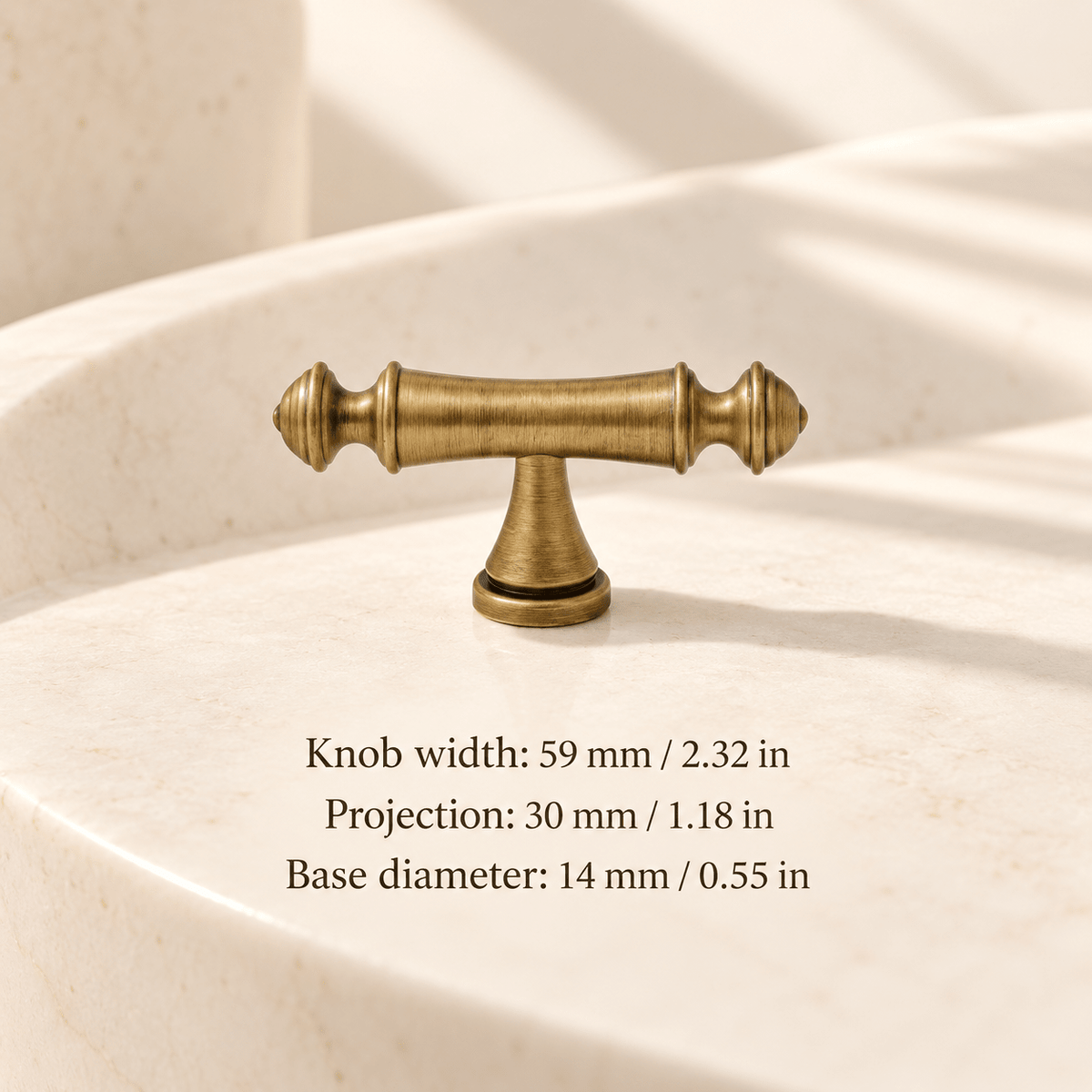 Antique bronze pointed finial T-knob — 59 mm / 2.32 in width; Knob width: 59 mm / 2.32 in; Projection: 30 mm / 1.18 in; Base diameter: 14 mm / 0.55 in on ivory stone studio background