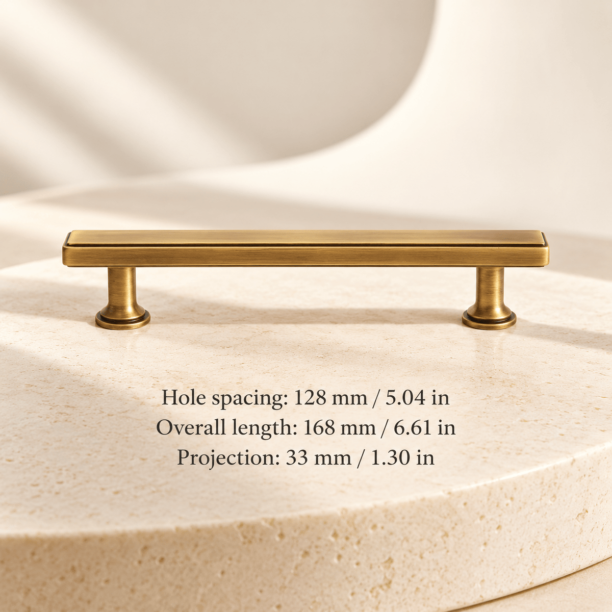 Bronze rectangular cabinet hardware — 128 mm / 5.04 in CTC; Hole spacing: 128 mm / 5.04 in; Overall length: 168 mm / 6.61 in; Projection: 33 mm / 1.30 in — ivory stone studio