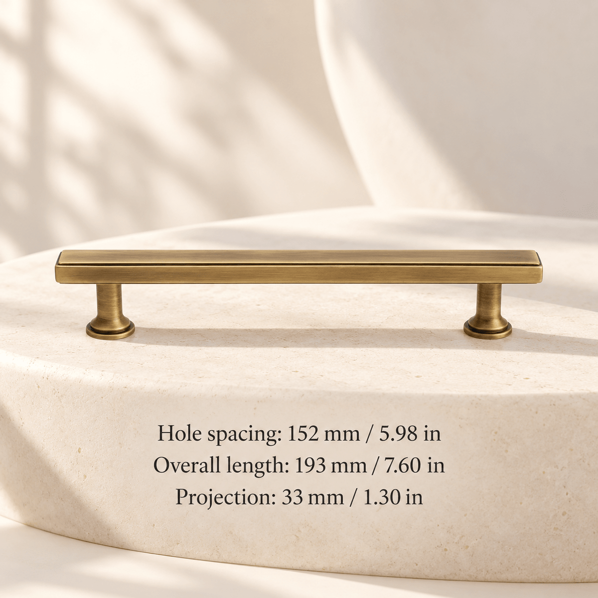 Bronze rectangular cabinet hardware — 152 mm / 5.98 in CTC; Hole spacing: 152 mm / 5.98 in; Overall length: 193 mm / 7.60 in; Projection: 33 mm / 1.30 in — ivory stone studio