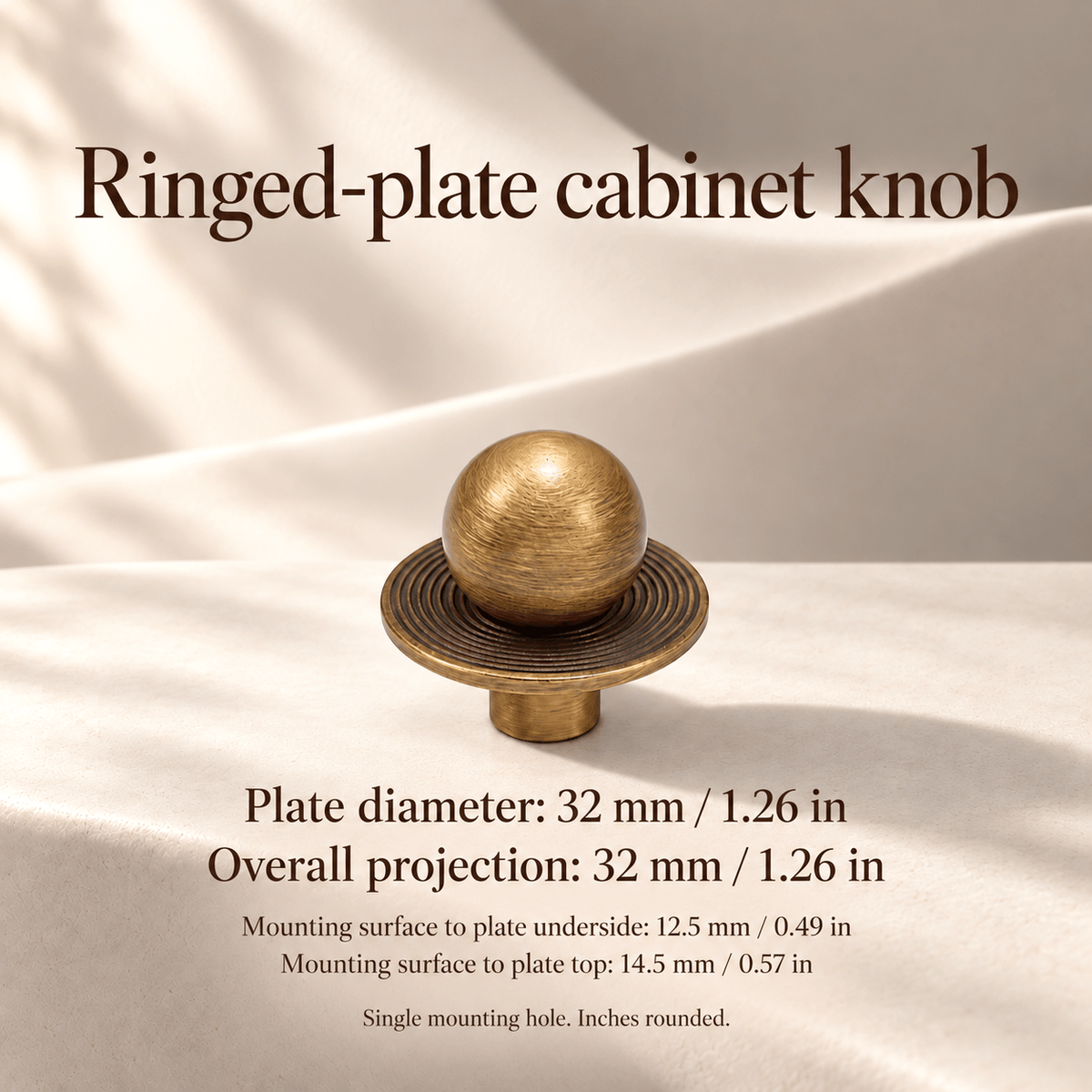 Antique bronze brass ball knob with concentric-ring plate — individual dimensions in millimeters and inches