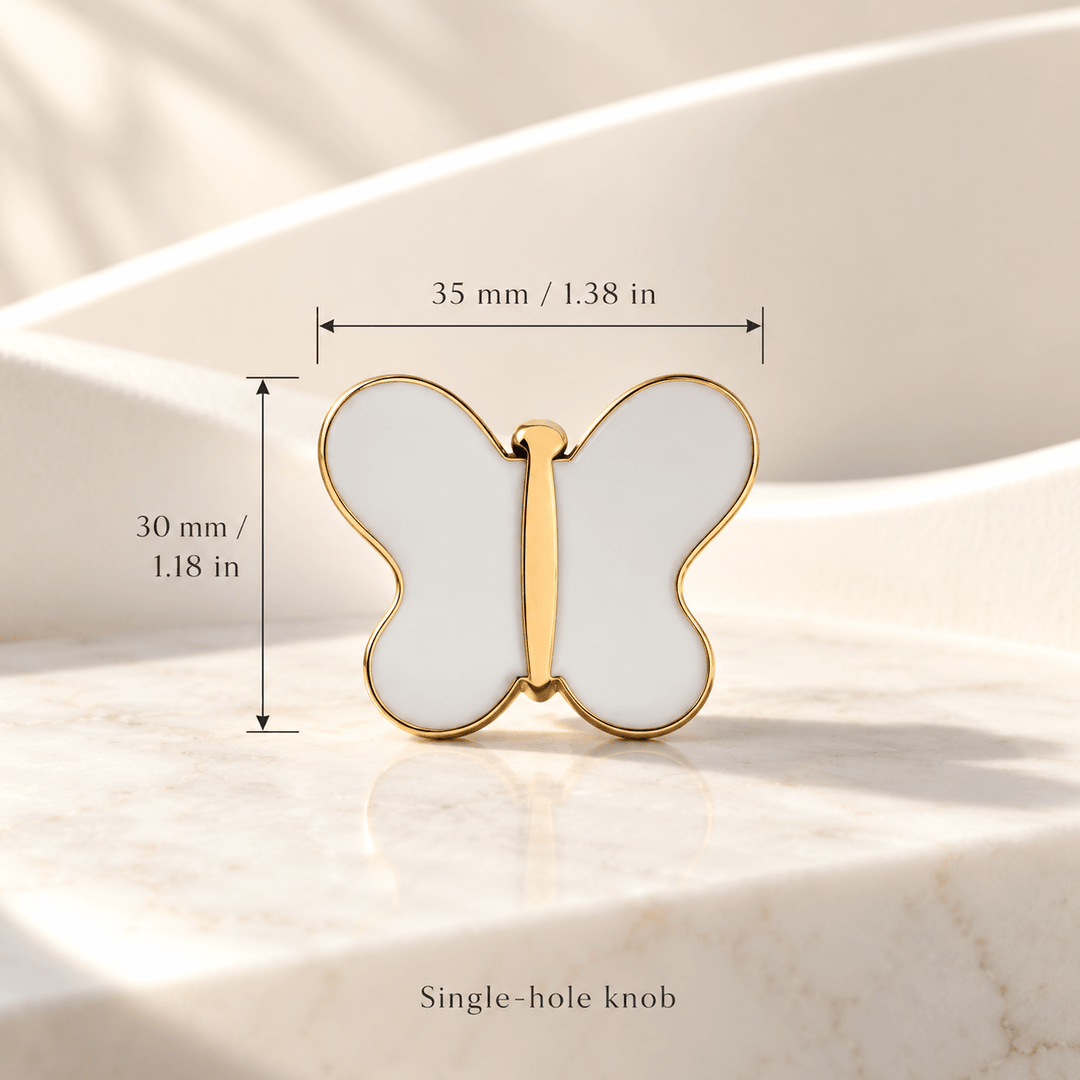 White butterfly cabinet knob in gold finish, face measurements 35 × 30 mm (1.38 × 1.18 in)