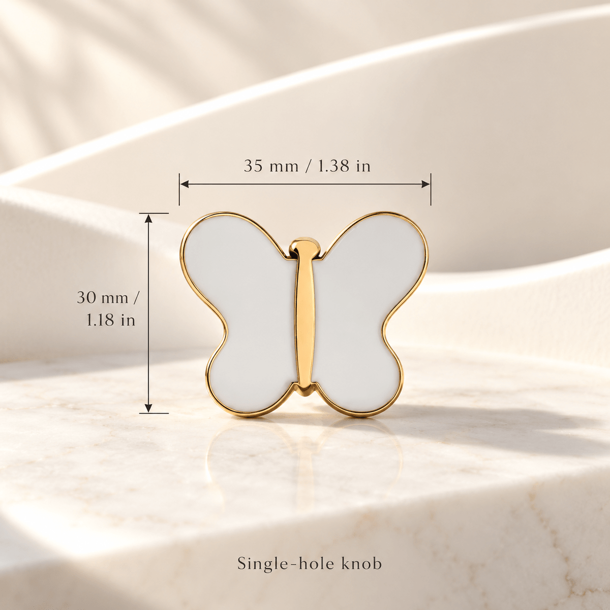 White butterfly cabinet knob in gold finish, face measurements 35 × 30 mm (1.38 × 1.18 in)