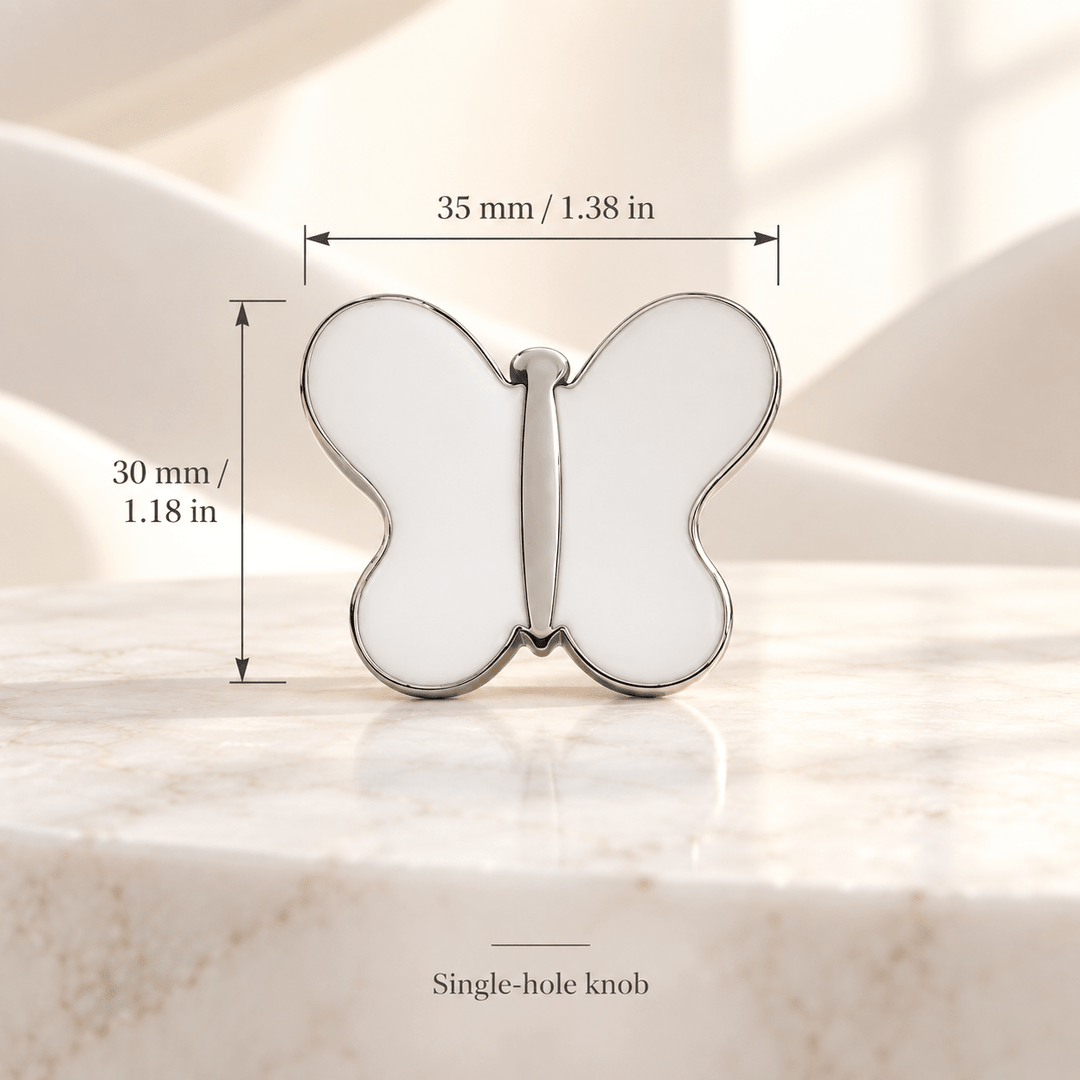 White butterfly cabinet knob in silver finish, face measurements 35 × 30 mm (1.38 × 1.18 in)