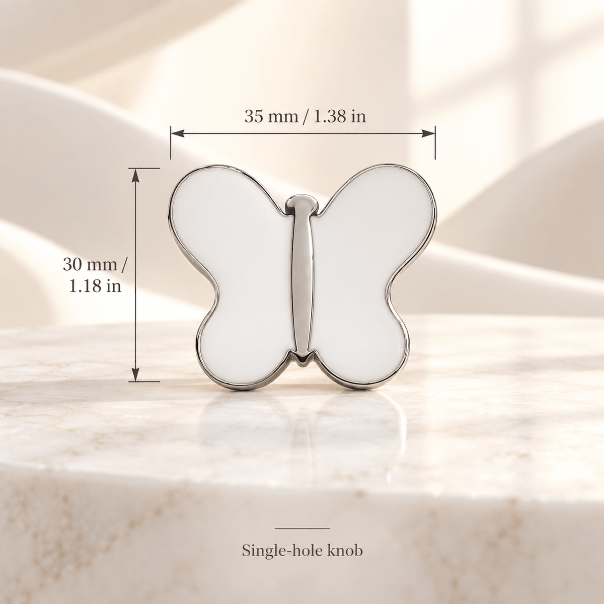 White butterfly cabinet knob in silver finish, face measurements 35 × 30 mm (1.38 × 1.18 in)