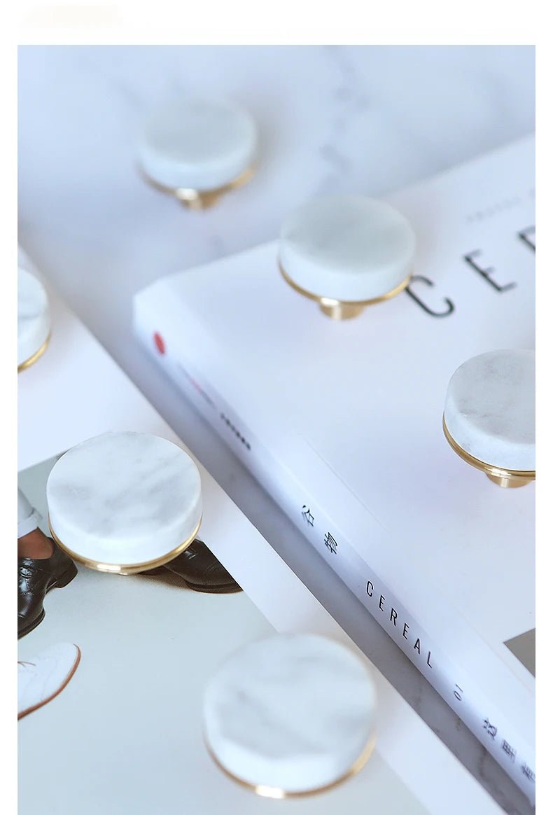 White Marble Cabinet Knob – Brass Accent Handle