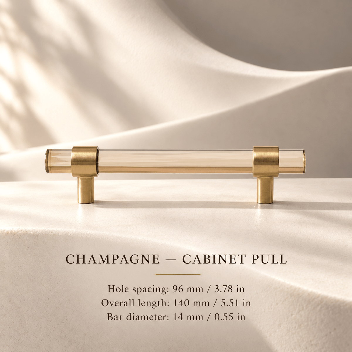 Champagne faceted cabinet pull in ivory studio. Hole spacing: 96 mm / 3.78 in; Overall length: 140 mm / 5.51 in; Bar diameter: 14 mm / 0.55 in