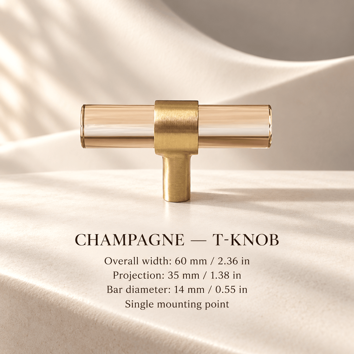 Champagne faceted T-knob in ivory studio. Overall width: 60 mm / 2.36 in; Projection: 35 mm / 1.38 in; Bar diameter: 14 mm / 0.55 in; Single mounting point