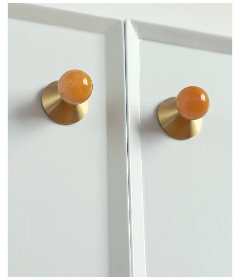Polished Brass and Pink Stone Pull – Drawer Knob  