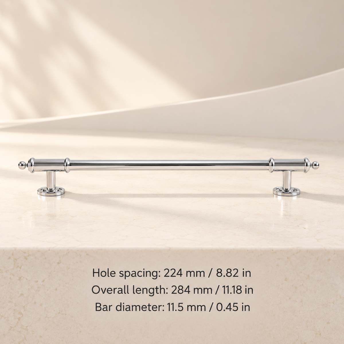 Chrome finial cabinet pull — Hole spacing: 224 mm / 8.82 in; Overall length: 284 mm / 11.18 in; Bar diameter: 11.5 mm / 0.45 in — ivory studio