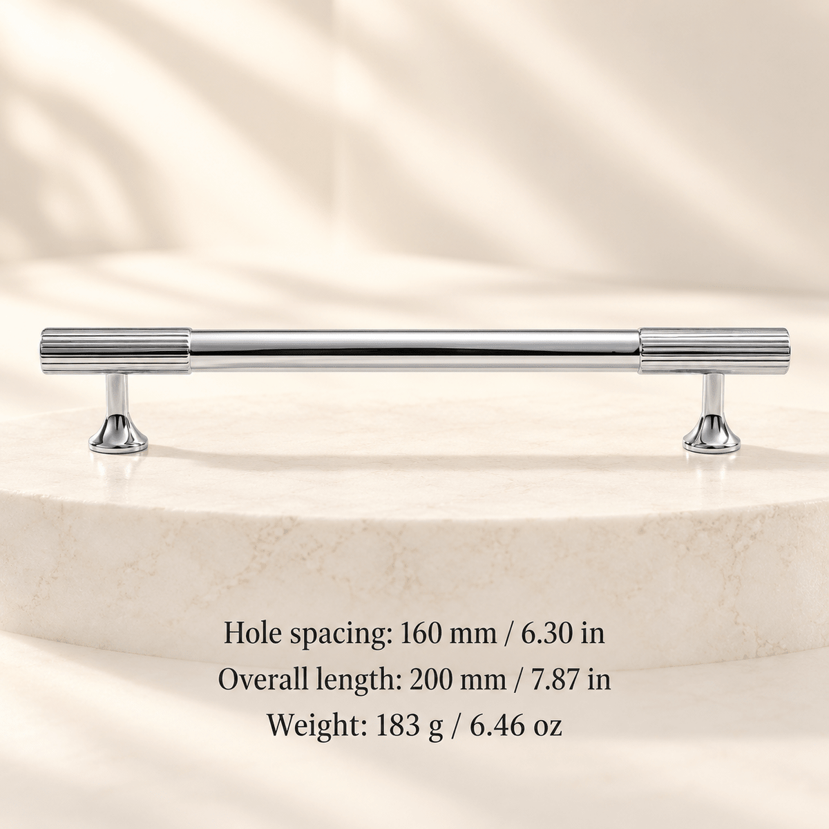 Chrome cabinet hardware — 160 mm / 6.30 in CTC; Hole spacing: 160 mm / 6.30 in; Overall length: 200 mm / 7.87 in; Weight: 183 g / 6.46 oz — ivory stone studio