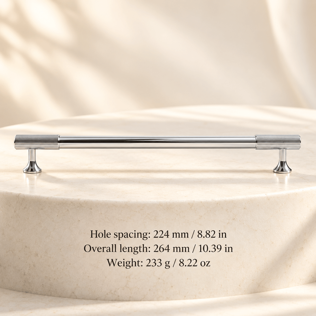 Chrome cabinet hardware — 224 mm / 8.82 in CTC; Hole spacing: 224 mm / 8.82 in; Overall length: 264 mm / 10.39 in; Weight: 233 g / 8.22 oz — ivory stone studio