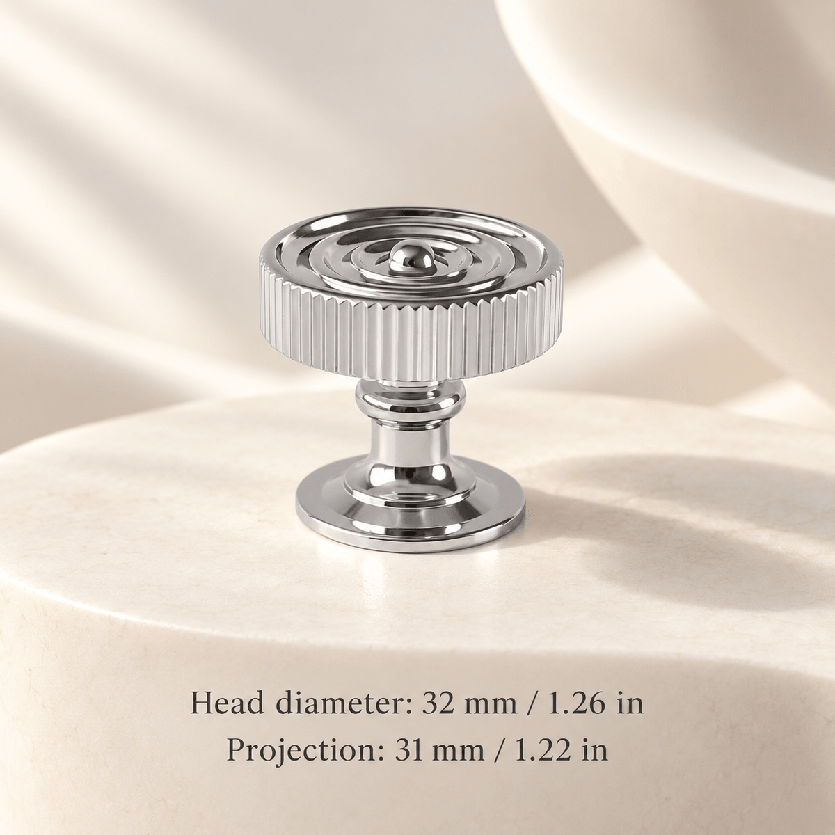 Chrome finial cabinet hardware — Round knob — 32 mm / 1.26 in diameter; Head diameter: 32 mm / 1.26 in; Projection: 31 mm / 1.22 in — ivory stone studio