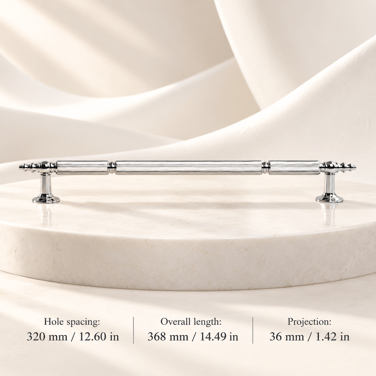 Chrome finial cabinet hardware — 320 mm / 12.60 in CTC; Hole spacing: 320 mm / 12.60 in; Overall length: 368 mm / 14.49 in; Projection: 36 mm / 1.42 in — ivory stone studio