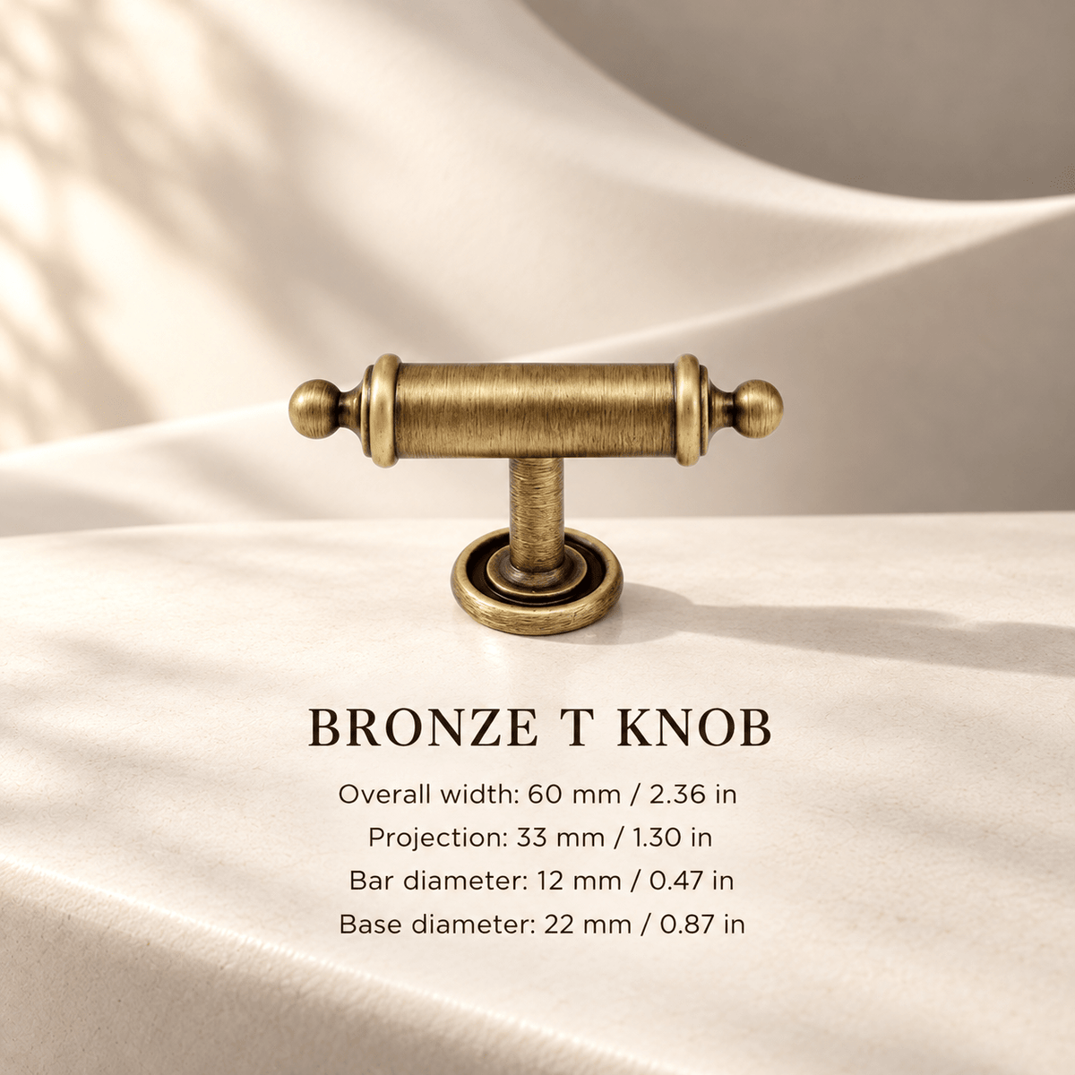 Bronze 60 mm T knob with ball finials — individual measurements in millimeters and inches