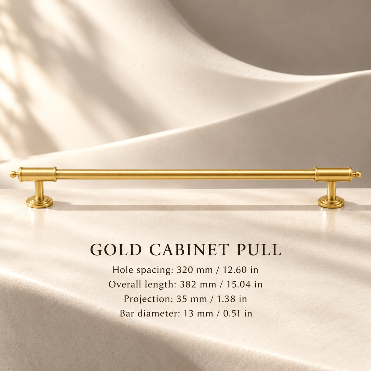 Gold 320 mm CTC cabinet pull with ball finials — individual measurements in millimeters and inches