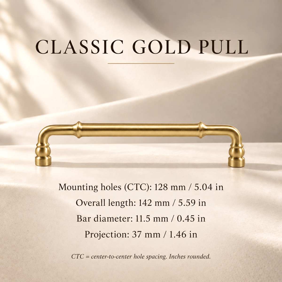 Classic gold 128 mm CTC cabinet pull — individual measurements in millimeters and inches
