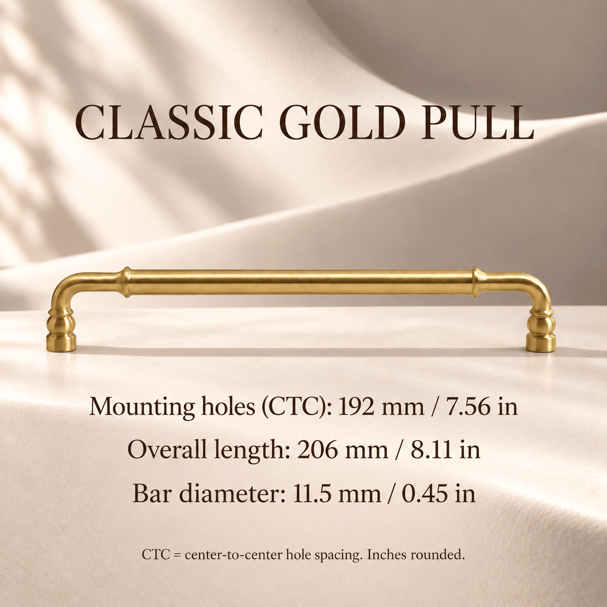 Classic gold 192 mm CTC cabinet pull — individual measurements in millimeters and inches