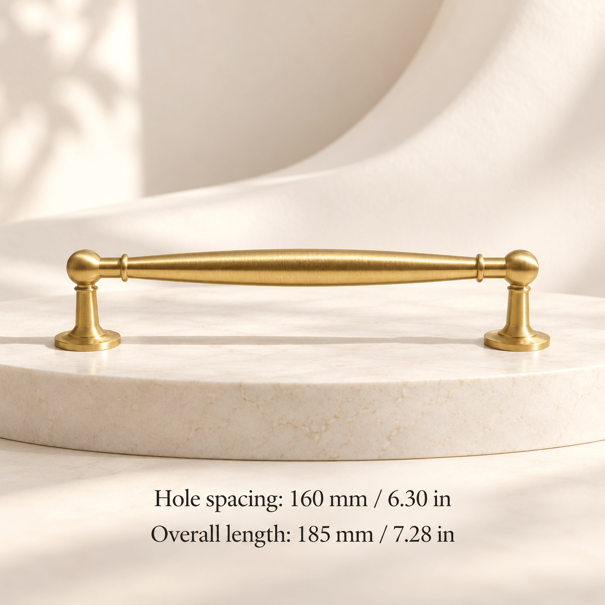 Satin gold spindle cabinet pull — Hole spacing: 160 mm / 6.30 in; Overall length: 185 mm / 7.28 in — ivory stone studio