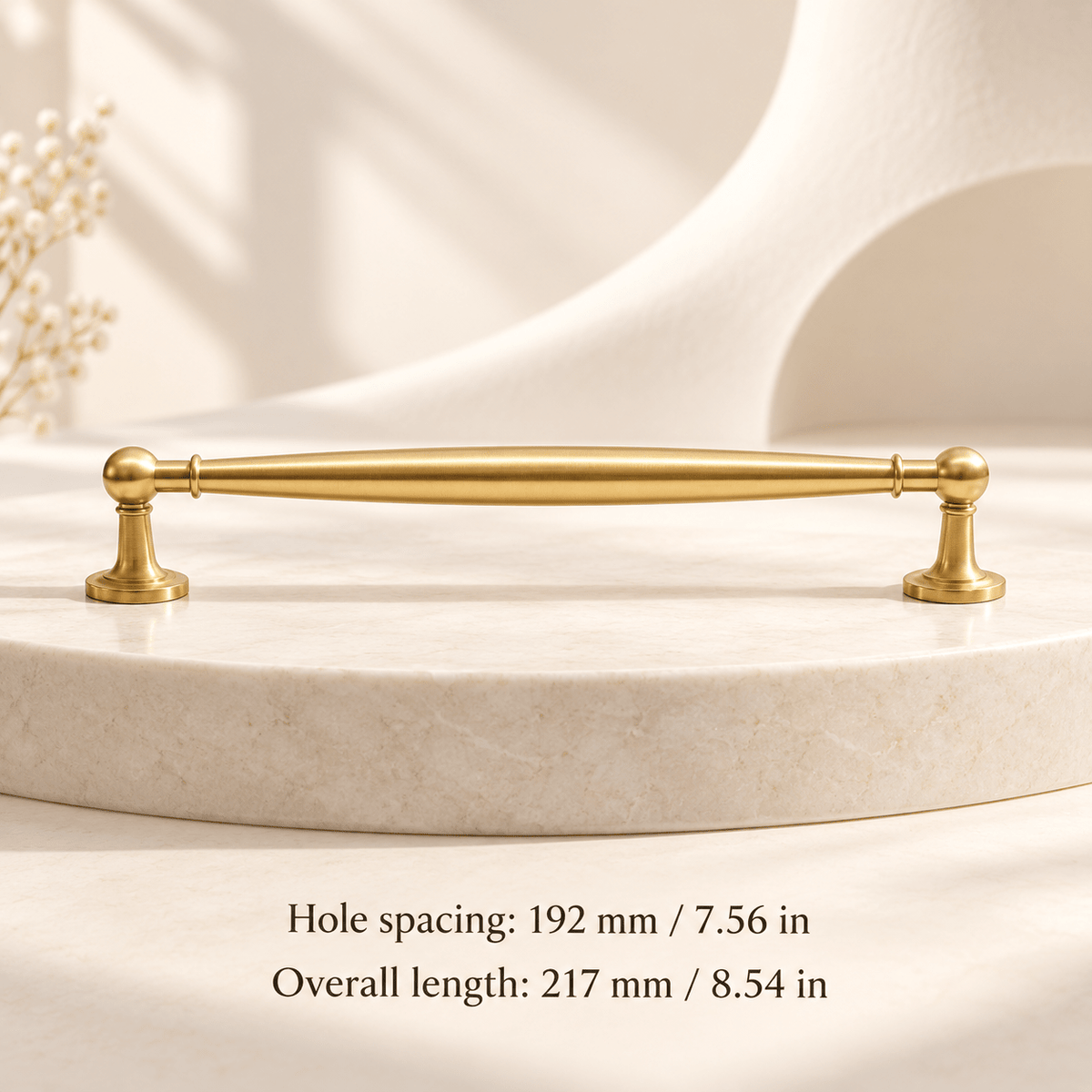 Satin gold spindle cabinet pull — Hole spacing: 192 mm / 7.56 in; Overall length: 217 mm / 8.54 in — ivory stone studio