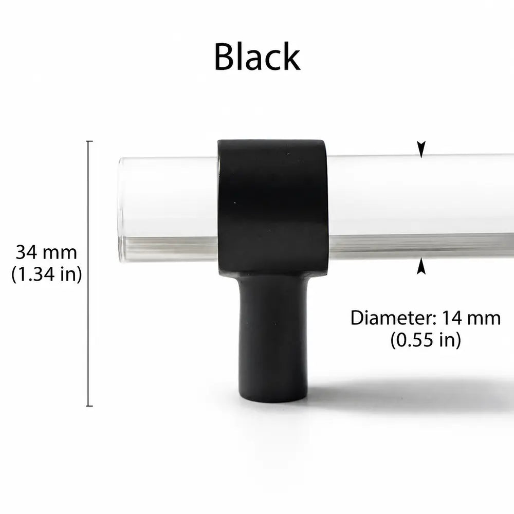 Clear acrylic cabinet pull in black finish showing 34 mm (1.34 in) height and 14 mm (0.55 in) bar diameter