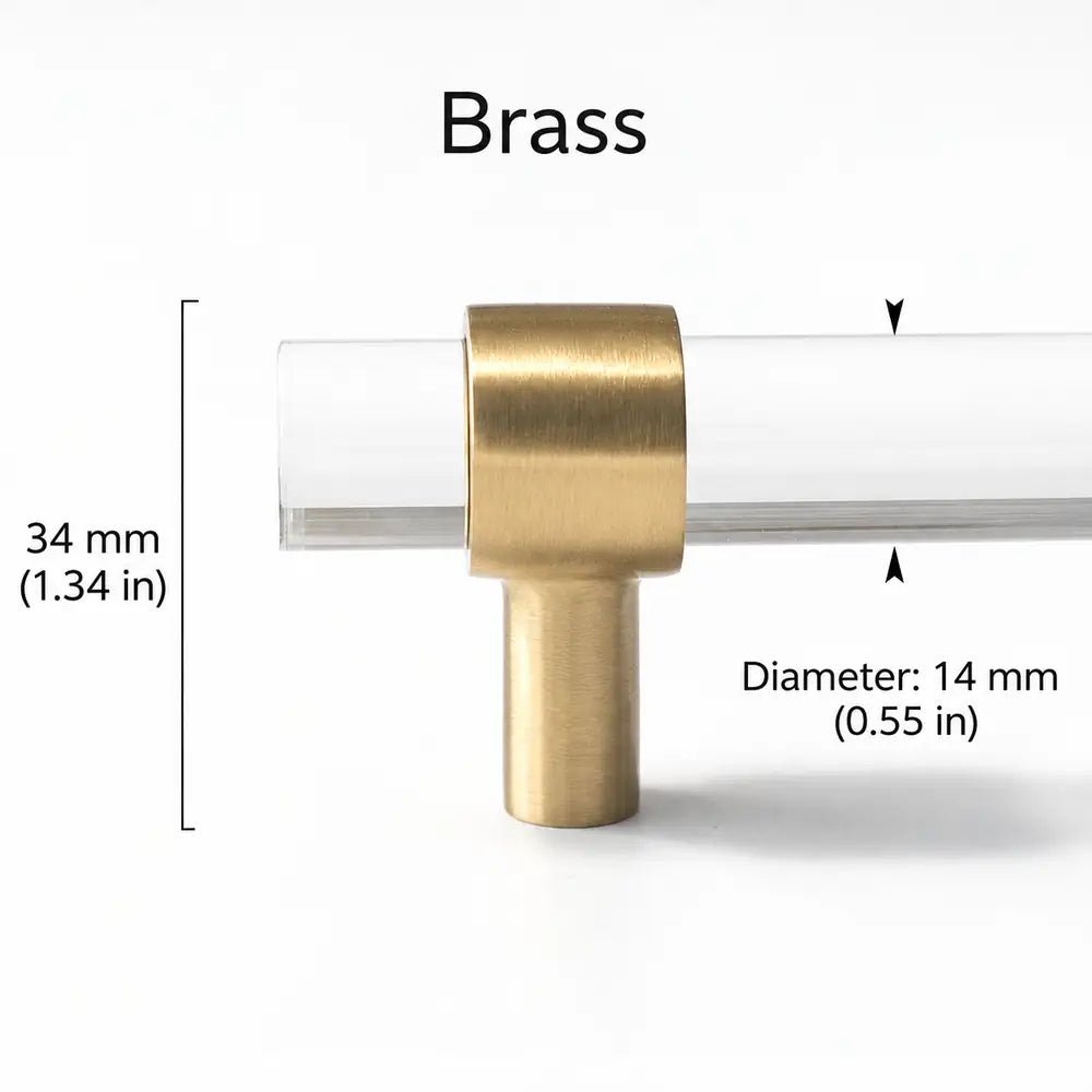 Clear acrylic cabinet pull in brass finish showing 34 mm (1.34 in) height and 14 mm (0.55 in) bar diameter