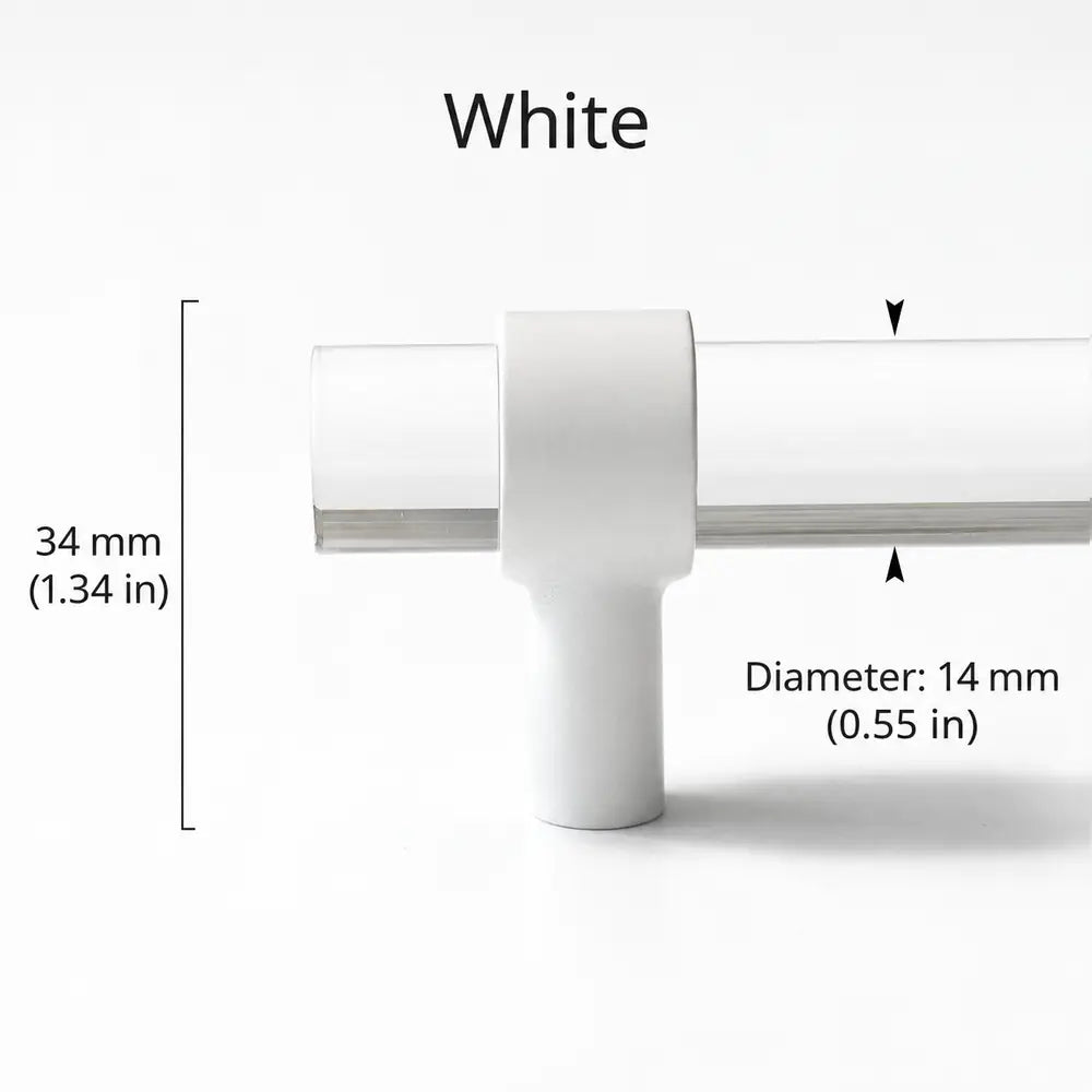 Clear acrylic cabinet pull in white finish showing 34 mm (1.34 in) height and 14 mm (0.55 in) bar diameter