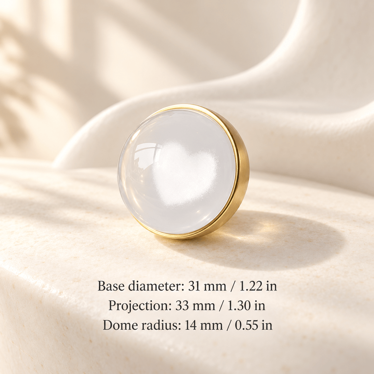 Heart — Small cabinet knob — Base diameter: 31 mm / 1.22 in; Projection: 33 mm / 1.30 in; Dome radius: 14 mm / 0.55 in — ivory stone studio