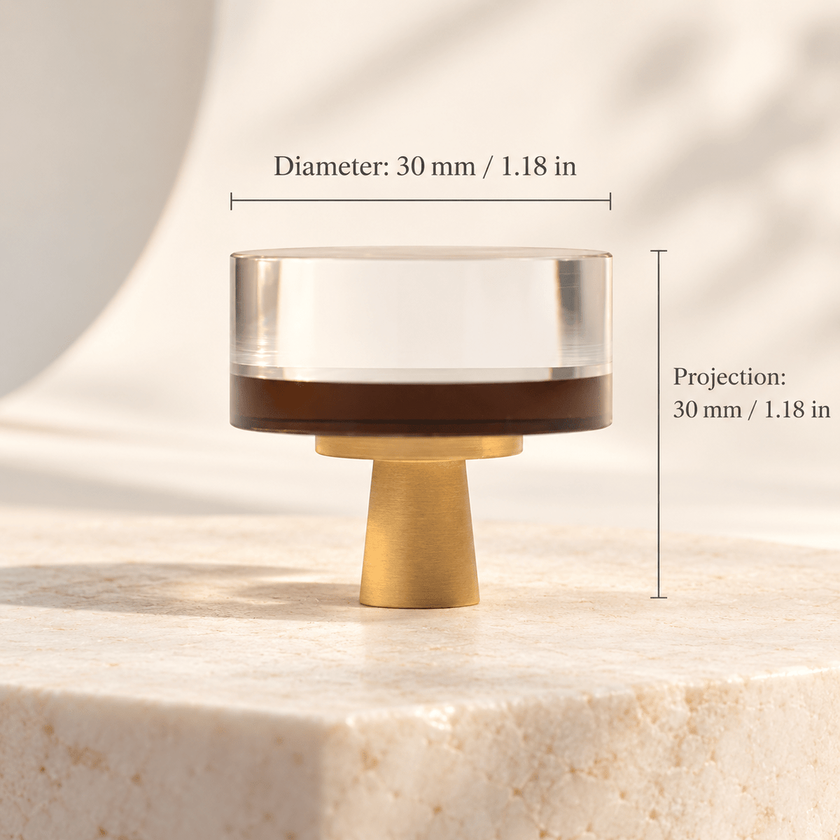 Coffee-brown and clear glass cabinet knob, 30 mm diameter and projection, dimensions in mm and inches