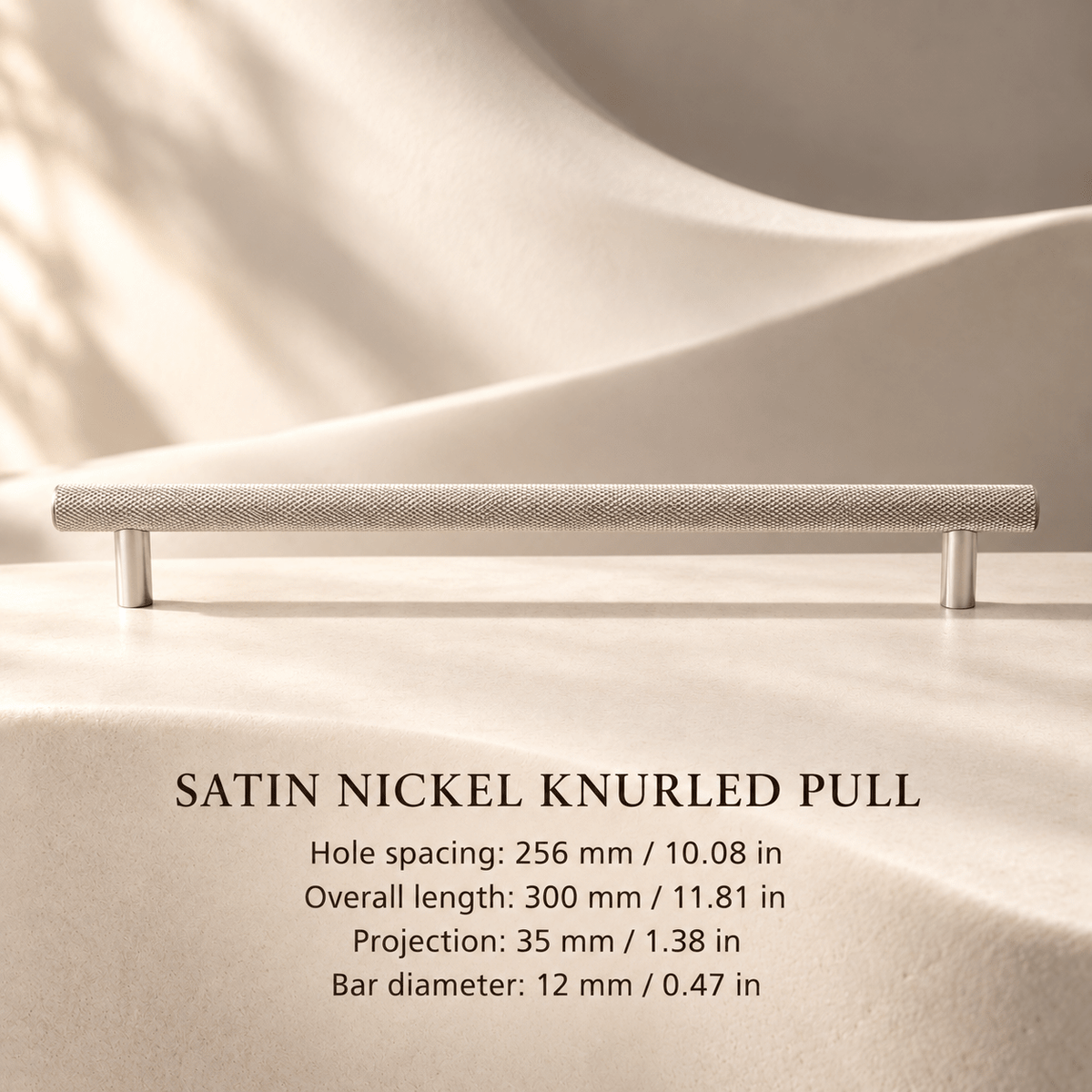 Satin nickel cross-knurled cabinet pull, 256 mm (10.08 in) hole spacing, 300 mm (11.81 in) overall length, 35 mm (1.38 in) projection and 12 mm (0.47 in) bar diameter, ivory studio.