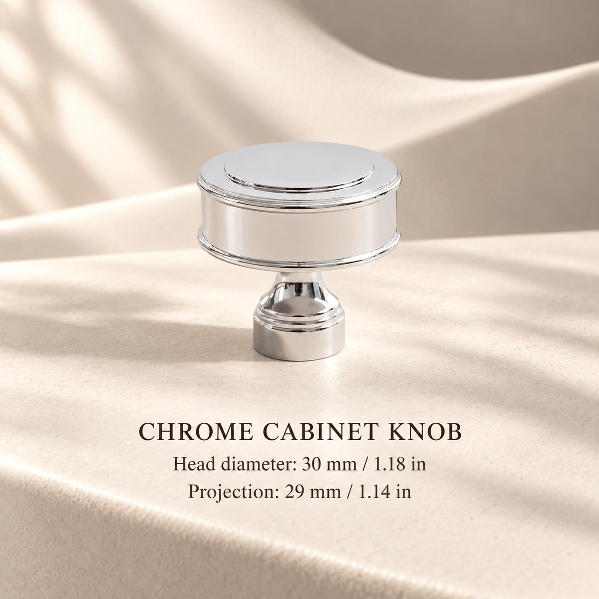 Chrome cabinet knob, 30 mm head diameter — individual measurements in millimeters and inches