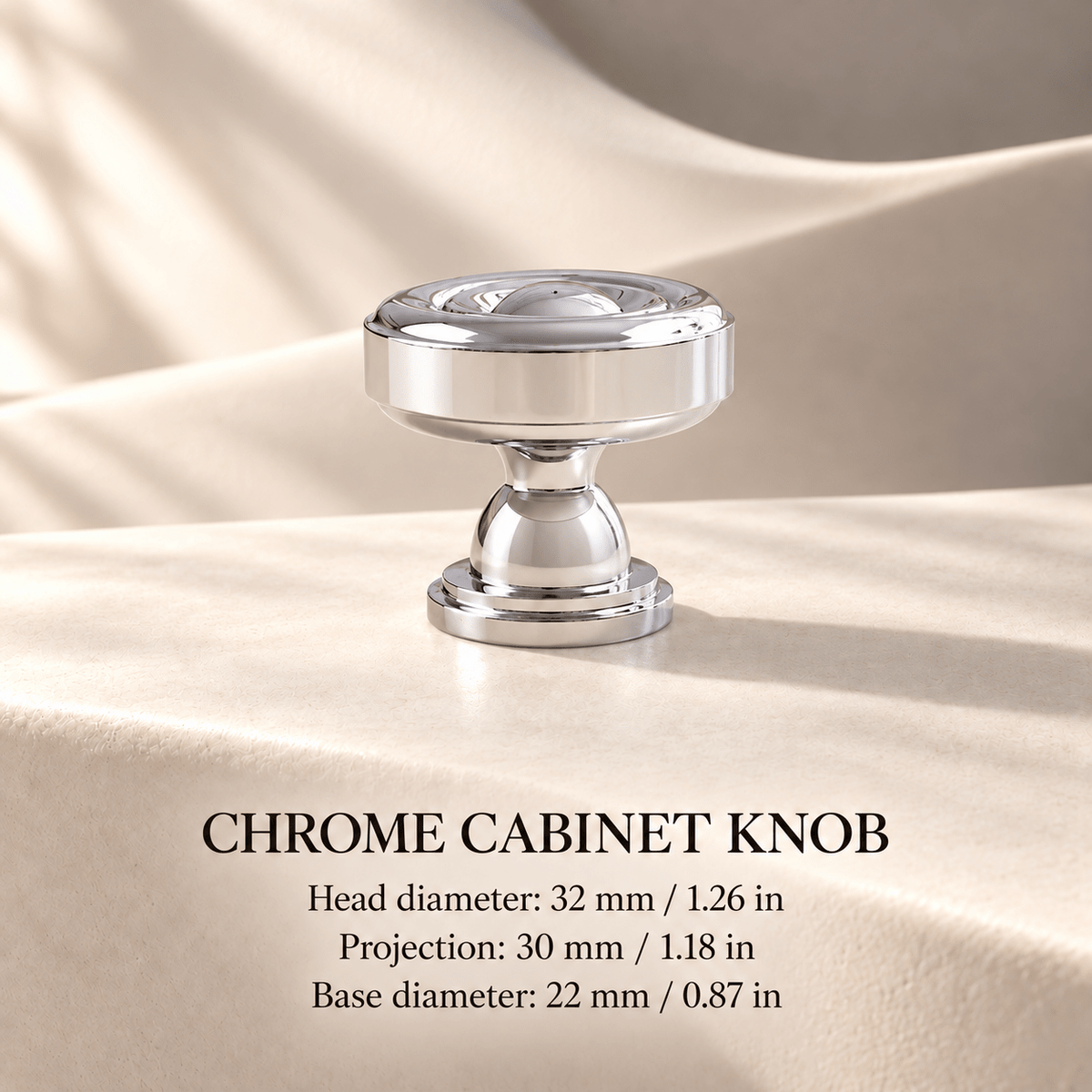 Chrome cabinet knob, 32 mm head diameter — individual measurements in millimeters and inches