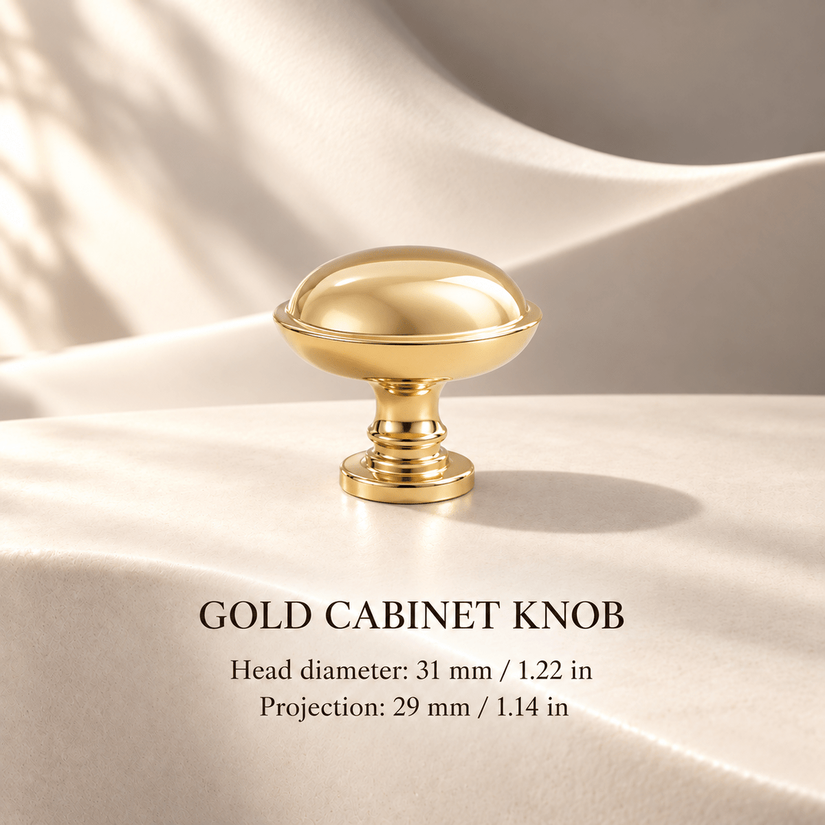 Gold cabinet knob, 31 mm head diameter — individual measurements in millimeters and inches