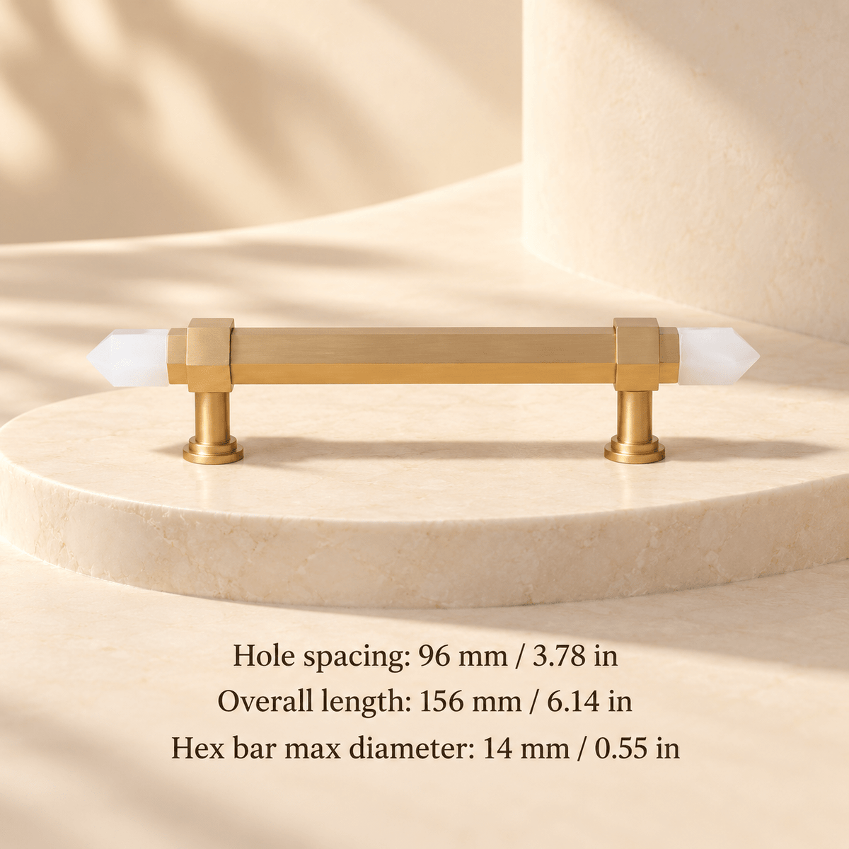 White pointed-end gold cabinet pull — Hole spacing: 96 mm / 3.78 in; Overall length: 156 mm / 6.14 in; Hex bar max diameter: 14 mm / 0.55 in — ivory studio
