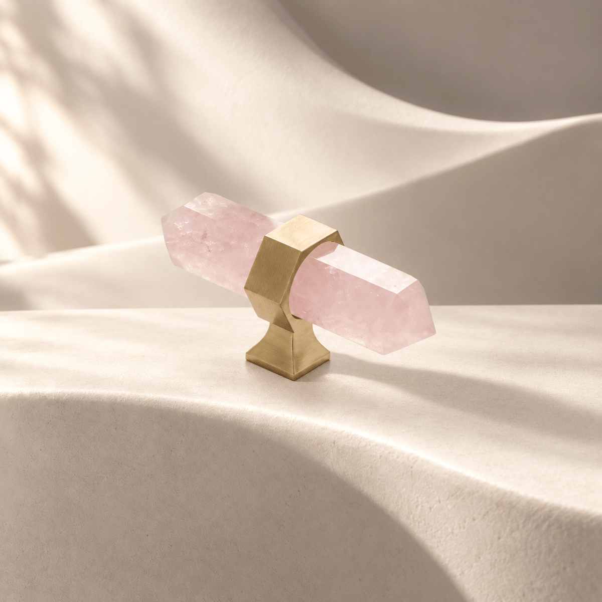 Pink crystal T knob, 70 mm overall — warm ivory stone studio
