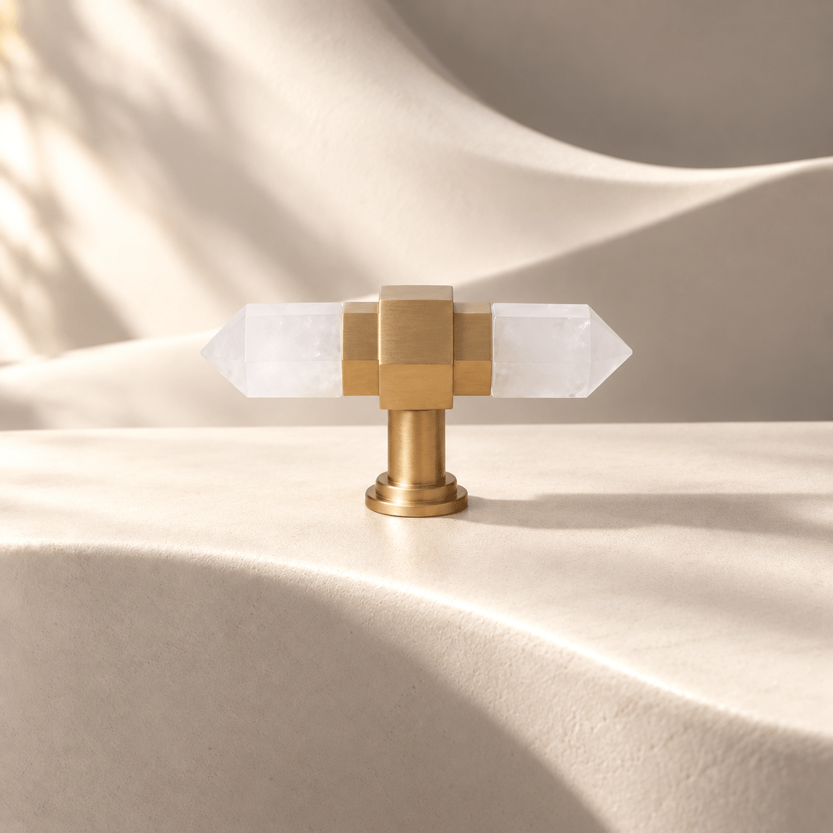 White crystal T knob, 58 mm overall — warm ivory stone studio
