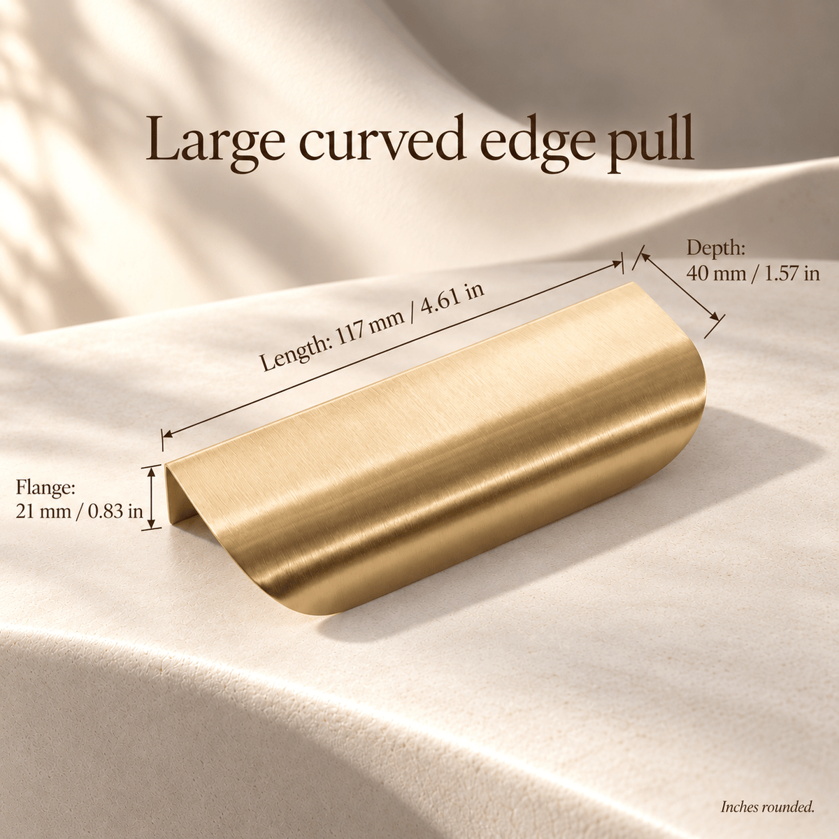 Large curved brass edge pull, length, depth and mounting flange in mm and inches