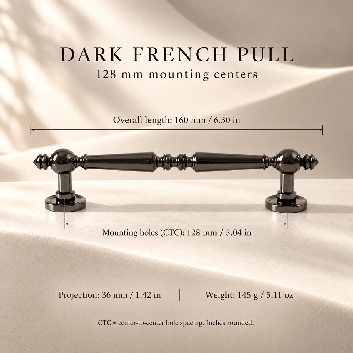 Dark French 128 mm CTC pull — individual dimensions in millimeters and inches