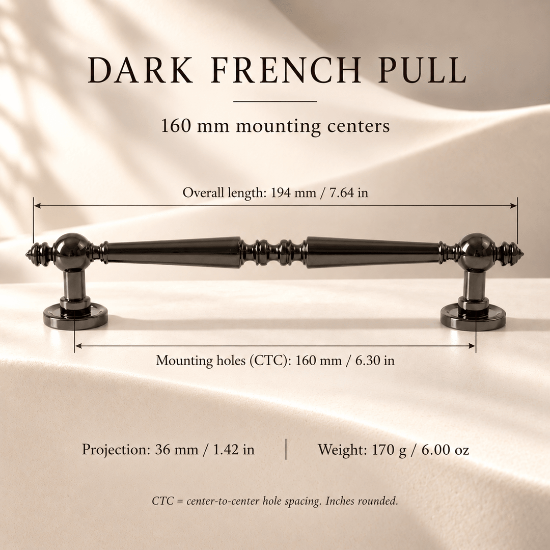 Dark French 160 mm CTC pull — individual dimensions in millimeters and inches
