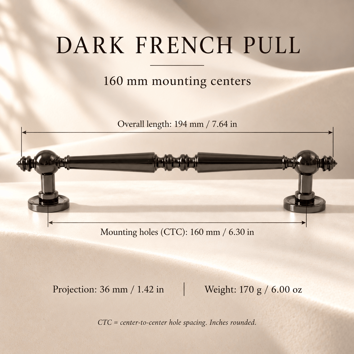 Dark French 160 mm CTC pull — individual dimensions in millimeters and inches