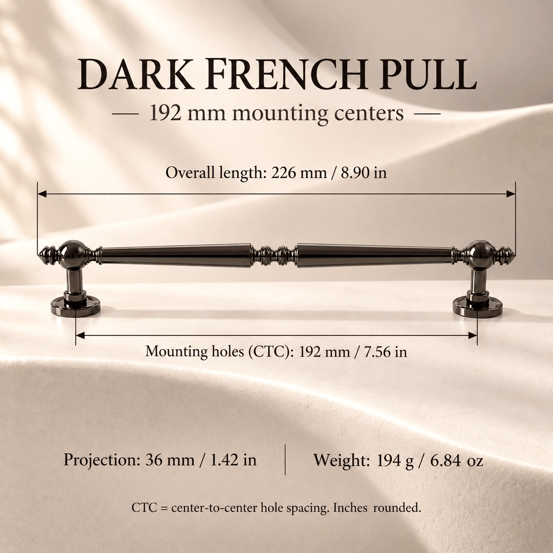 Dark French 192 mm CTC pull — individual dimensions in millimeters and inches
