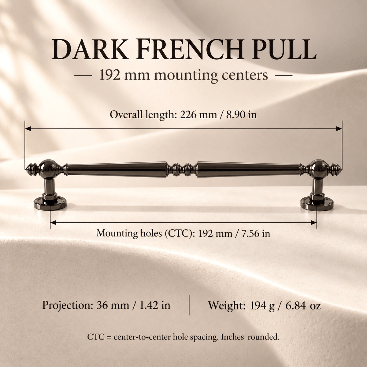 Dark French 192 mm CTC pull — individual dimensions in millimeters and inches