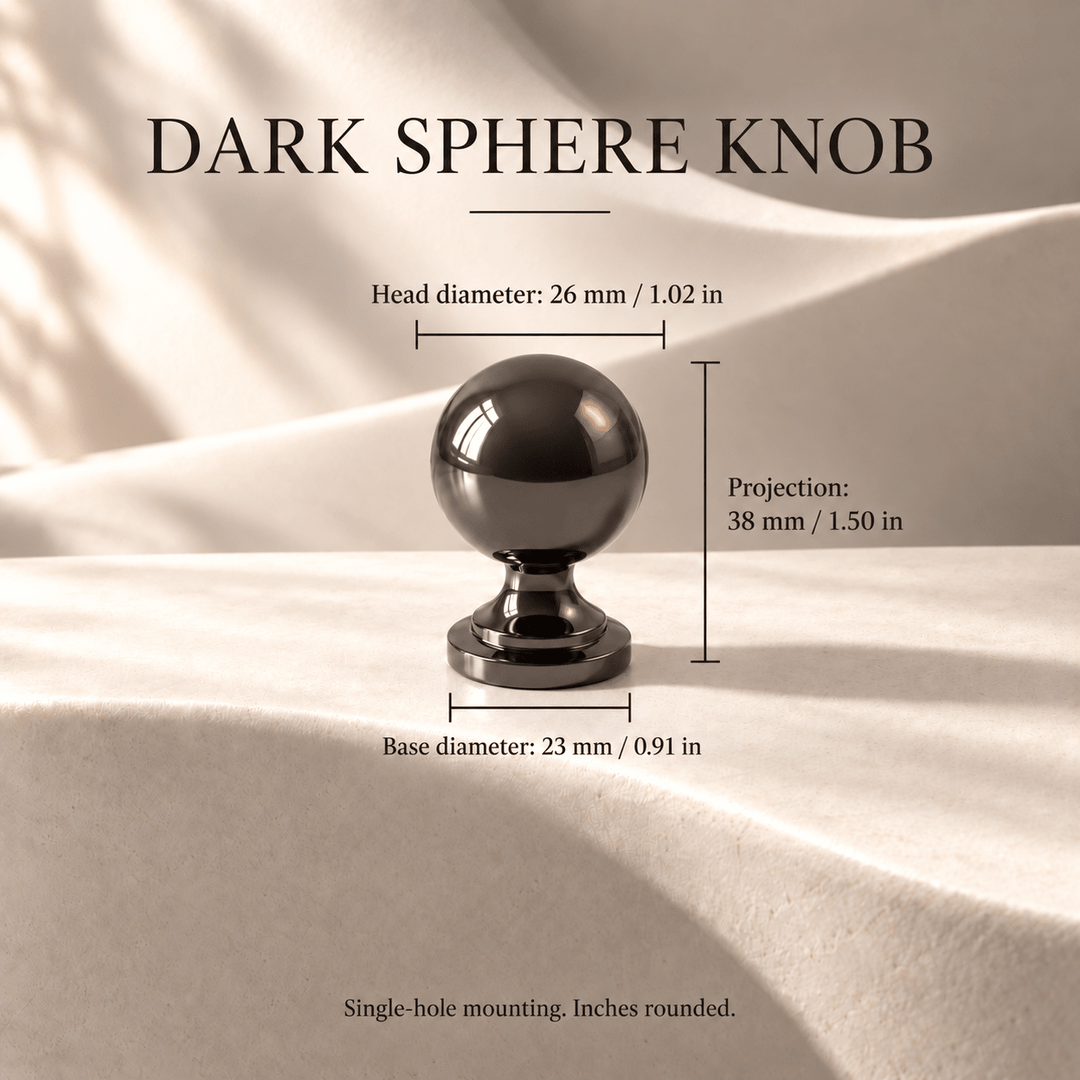 Dark French sphere knob — individual dimensions in millimeters and inches