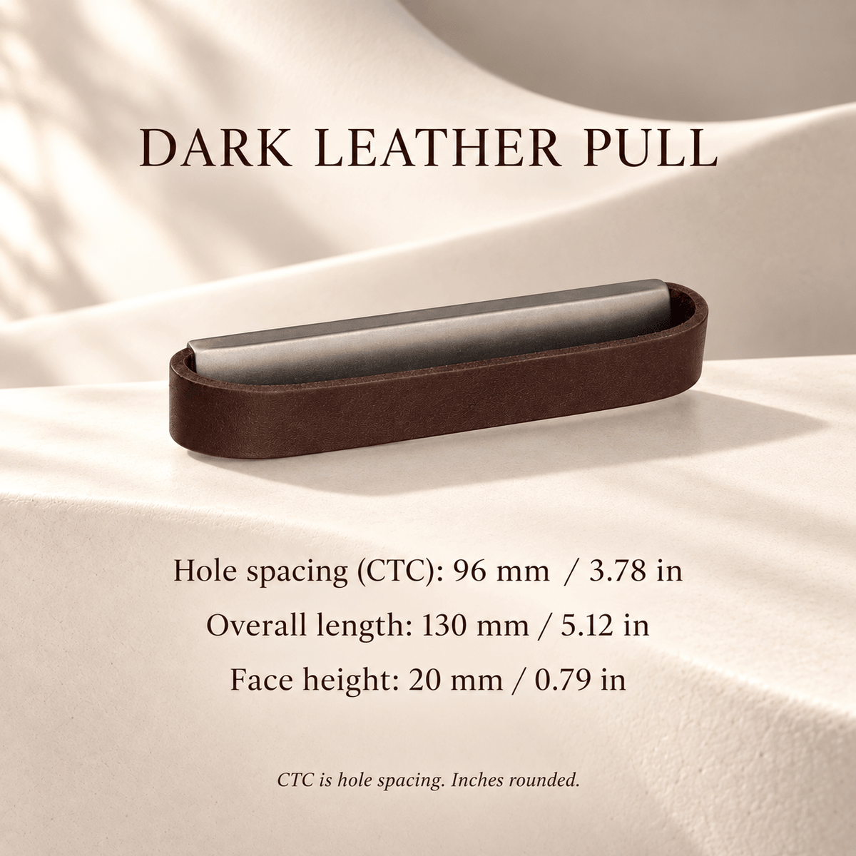 Dark brown leather cabinet pull with graphite-tone inner bar, 96 mm hole spacing and individual dimensions in mm and inches