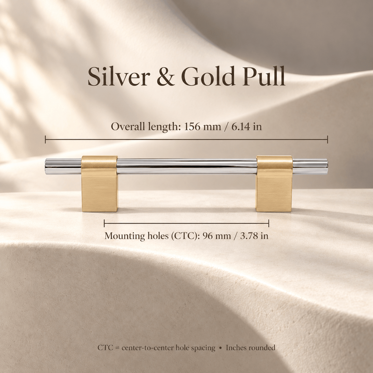 Silver & Gold cabinet pull; mounting holes 96 mm / 3.78 in CTC, overall 156 mm / 6.14 in; ivory studio