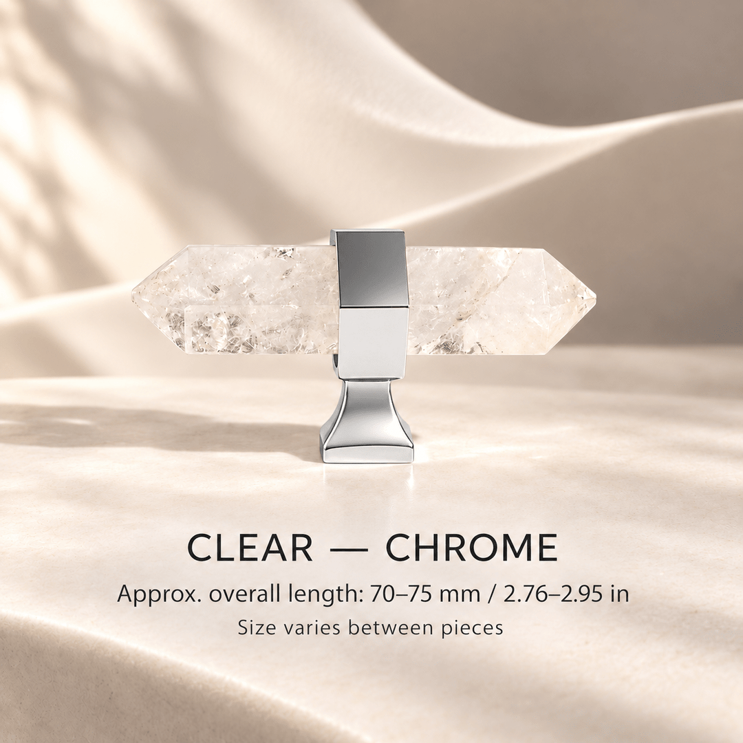 Clear crystal T-knob with Chrome mounts in ivory studio. Approx. overall length: 70–75 mm / 2.76–2.95 in; Size varies between pieces