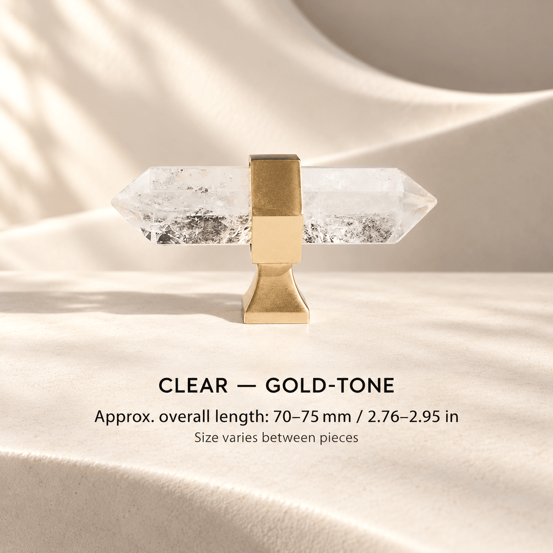 Clear crystal T-knob with Gold-tone mounts in ivory studio. Approx. overall length: 70–75 mm / 2.76–2.95 in; Size varies between pieces