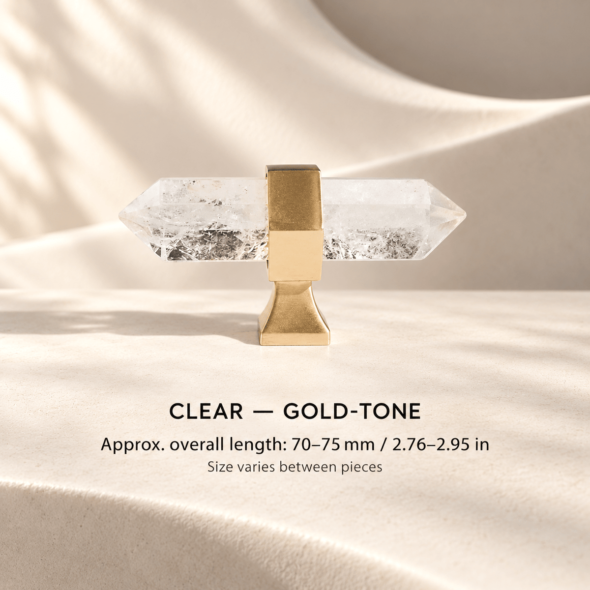 Clear crystal T-knob with Gold-tone mounts in ivory studio. Approx. overall length: 70–75 mm / 2.76–2.95 in; Size varies between pieces